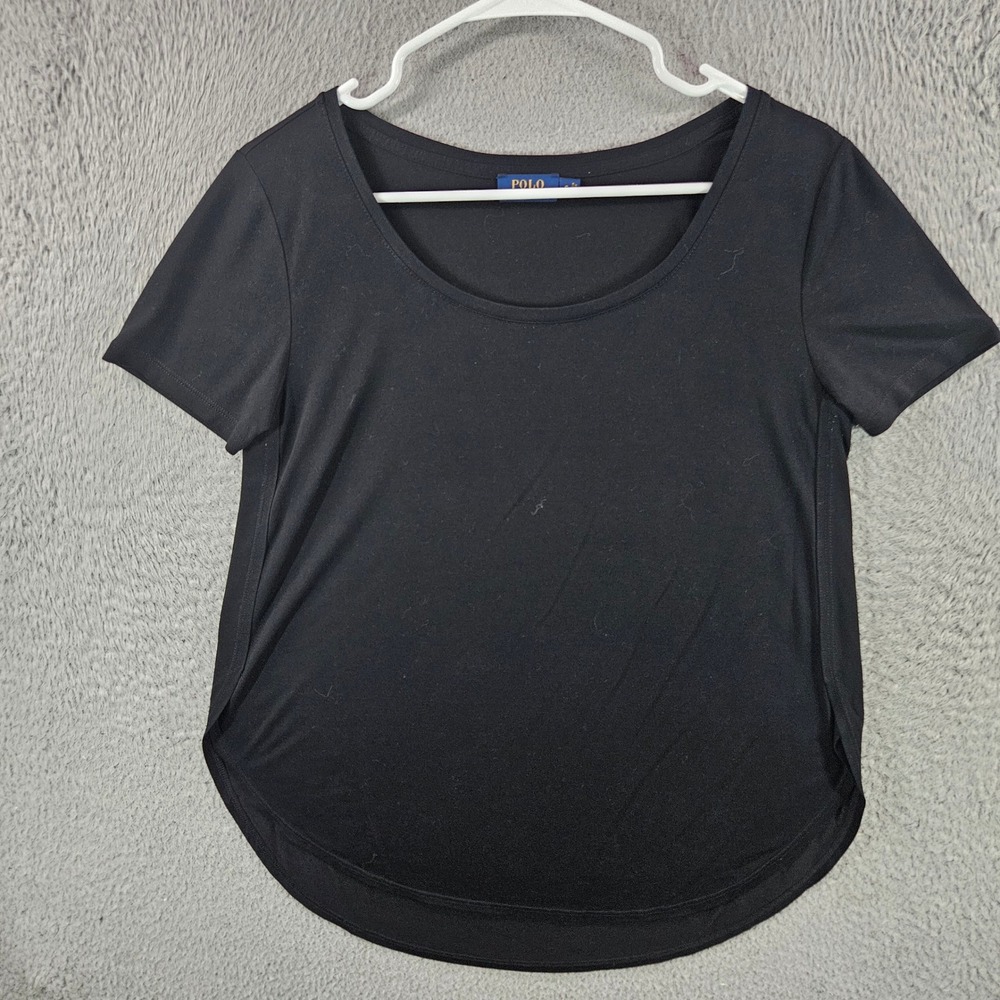 Polo Ralph Lauren Womens Black Scoop Neck Curved Hem T-Shirt Viscose Blend Small